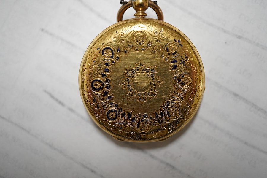 A lady's early 20th century continental 18k and enamel open faced keywind fob watch, with Roman dial, case diameter 30mm, gross weight 26 grams.